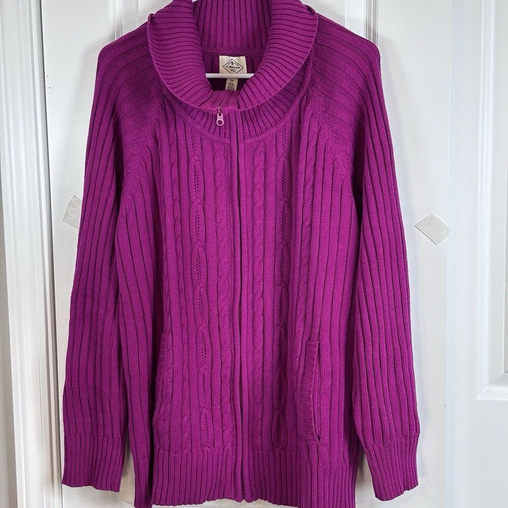 St. John's Bay Womens size 2X Fuchsia Cable Knit Zip Front Sweater Cardigan Plus